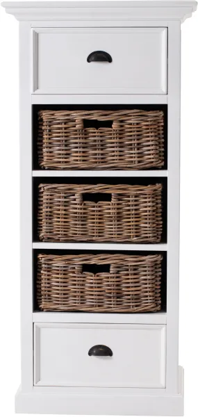 NOVASOLO Halifax Grand Kommode, mit 2 Schubladen und 3 Rattan-Körben - weißes Mahagoni und antikes Messing